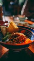 Delicious Asian Rice Porridge Served with Crispy Toppings and Crackers. photo