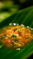 Close Up of Fresh Salsa with Chopped Vegetables on a Green Leaf. photo