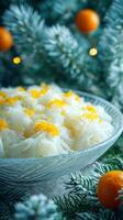 Festive Citrus Zest Noodles with a Cozy Winter Fir Tree Backdrop. photo