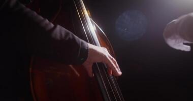 A man playing a double bass in a dark room photo
