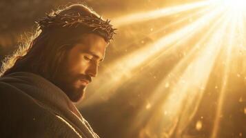 Jesus christ wearing a crown of thorns, praying with his eyes closed and a golden light beam shining on him photo