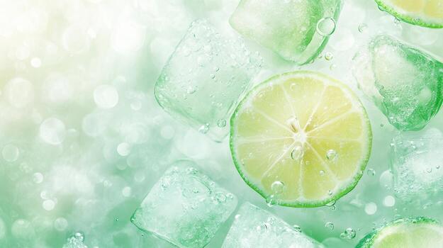 Lemon slices floating bubbles in water, releasing citrusy essence with effervescent chilled photo