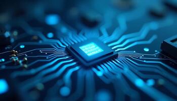 Close-up of Computer Chip and Circuit Board in Blue Tones photo