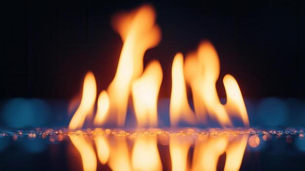 Fire blurring, glowing intensely, mirroring luminescence wet surface with dramatic on against shadowy backdrop photo