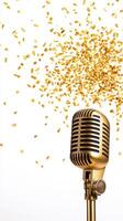 Golden vintage microphone surrounded by falling almonds on a visually background, creating a white appealing concept related to food, music, or sound photo