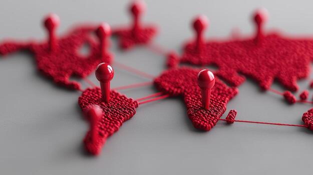 Red thread connects different continents of illustrating a world map with red location pins fabric global connectivity photo