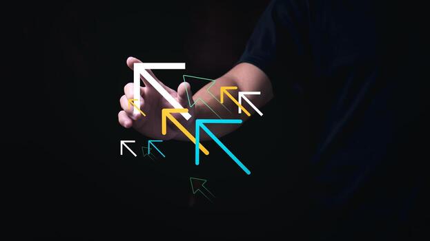 A man is showing his pointing at the tip of an arrow to signify the progress or growth of the business, the concept of good leadership, which is to manage the organization progressively. photo