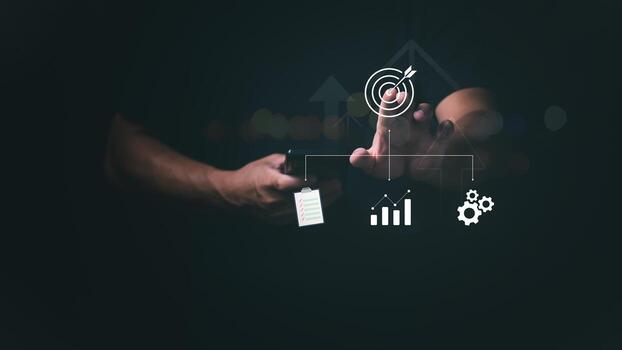 Concept of a flowchart to a goal. The businessman is showing a flowchart of operations to achieve a goal or objective, strategic planning, online marketing. photo