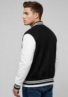Rear View of a Man Wearing a Stylish Black and White Jacket for Design Mockup 2 photo
