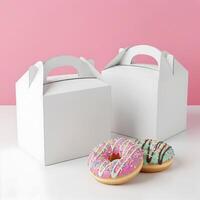Design Mockup on White Cardboard Boxes Donuts Packaging photo