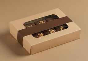 Box of Chocolate Walnut Brownies with Stylish Packaging for Design Mockup photo