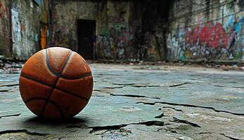 Abandoned Basketball Court with Worn Out Ball photo