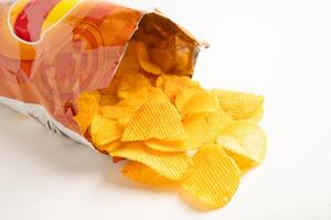 Potato chips deep fried snack fast food in open bag. photo