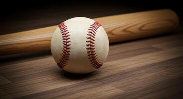 A baseball and a bat on a table photo