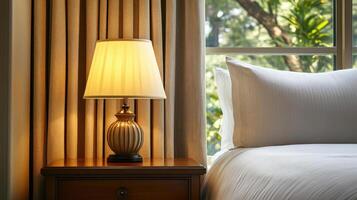Lamp and pillows on bedside table in hotel bedroom interior. photo
