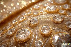 Gleaming gems shimmer on golden surface and beauty backdrop with luxury concept photo