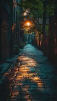 Old cobblestone street at night in the city. photo