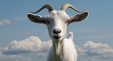 A goat with big horns standing in a field photo