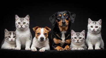 A dog and a cat are sitting together with a few other animals photo
