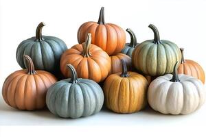 A group of pumpkins in various colors including orange, green, gray, and white on a white surface photo