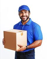 A delivery man in blue uniform holding a cardboard box and smiling on a white background shot photo