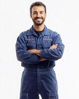 A Cute smiling man in blue work overalls with arms crossed on a white background studio shot photo