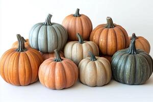 A group of pumpkins in different colors and sizes arranged on a white surface together now photo