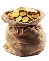 A burlap sack filled to the brim with shiny gold coins on a plain white background studio shot photo