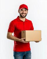 A delivery man in red uniform holding a cardboard box with a cheerful expression on a white background photo