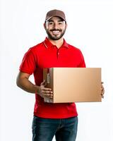Smiling delivery man in red shirt and cap holding a cardboard box against white background photo