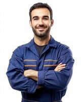 Portrait of a smiling man with crossed arms wearing blue overalls against a white background photo