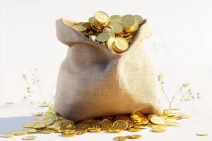 A burlap sack overflowing with shiny gold coins scattered on a white surface under bright light photo