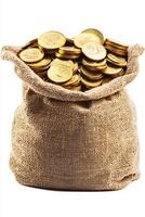A burlap sack filled to the brim with shiny gold coins against a plain white background view photo