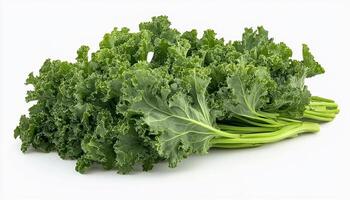 A bunch of fresh green curly kale with thick stems lying on a white surface in bright light photo