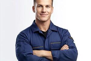 A man in a blue uniform with his arms crossed smiling against a white studio background look photo