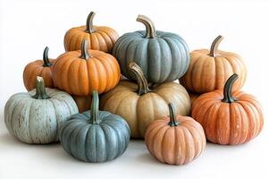 A pile of pumpkins in various colors including orange, gray, and beige on a white background photo