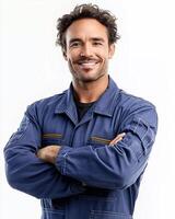Portrait of a smiling man with curly hair in blue overalls with arms crossed on white background photo
