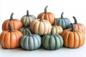 A group of pumpkins in various colors arranged on a white surface in a studio setting photo