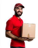 delivery man in red uniform holding a cardboard box with a smile on white photo