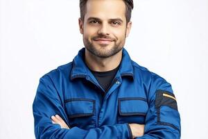Portrait of a smiling man in blue workwear with arms crossed against white background photo