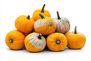 A pile of various pumpkins with different colors and sizes on a white background scene photo