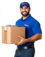 Delivery man smiling and holding a cardboard box in a blue uniform on a white background photo