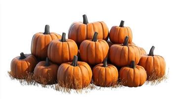 A pile of pumpkins stacked on top of each other with some grass around the base on white photo