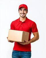 smiling delivery man in red uniform holding a cardboard box against white background photo