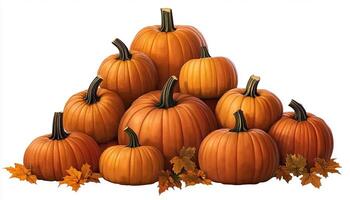 A cluster of orange pumpkins arranged in a pyramid shape with autumn leaves at the base photo