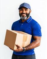 Smiling delivery man in blue uniform holding a cardboard box against a white background studio photo