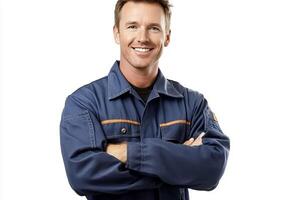 Portrait of a smiling man with arms crossed wearing a blue work shirt on a white background photo