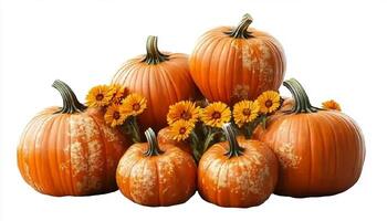 A group of pumpkins with orange flowers arranged together on a white isolated background photo