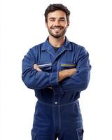 Portrait of a smiling man in blue overalls with arms crossed standing on a white background photo