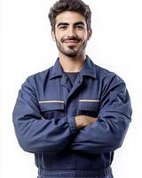 A man in blue work overalls with arms crossed smiling against a plain white background studio shot photo